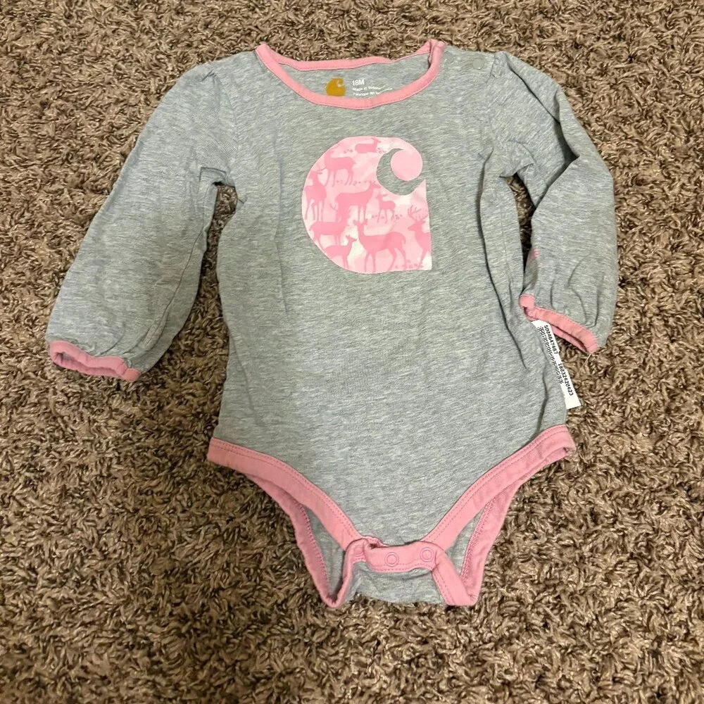 Carhartt Long Sleeve Bodysuit 18 Months Gray Pink Deer Graphic Trim 100% Cotton